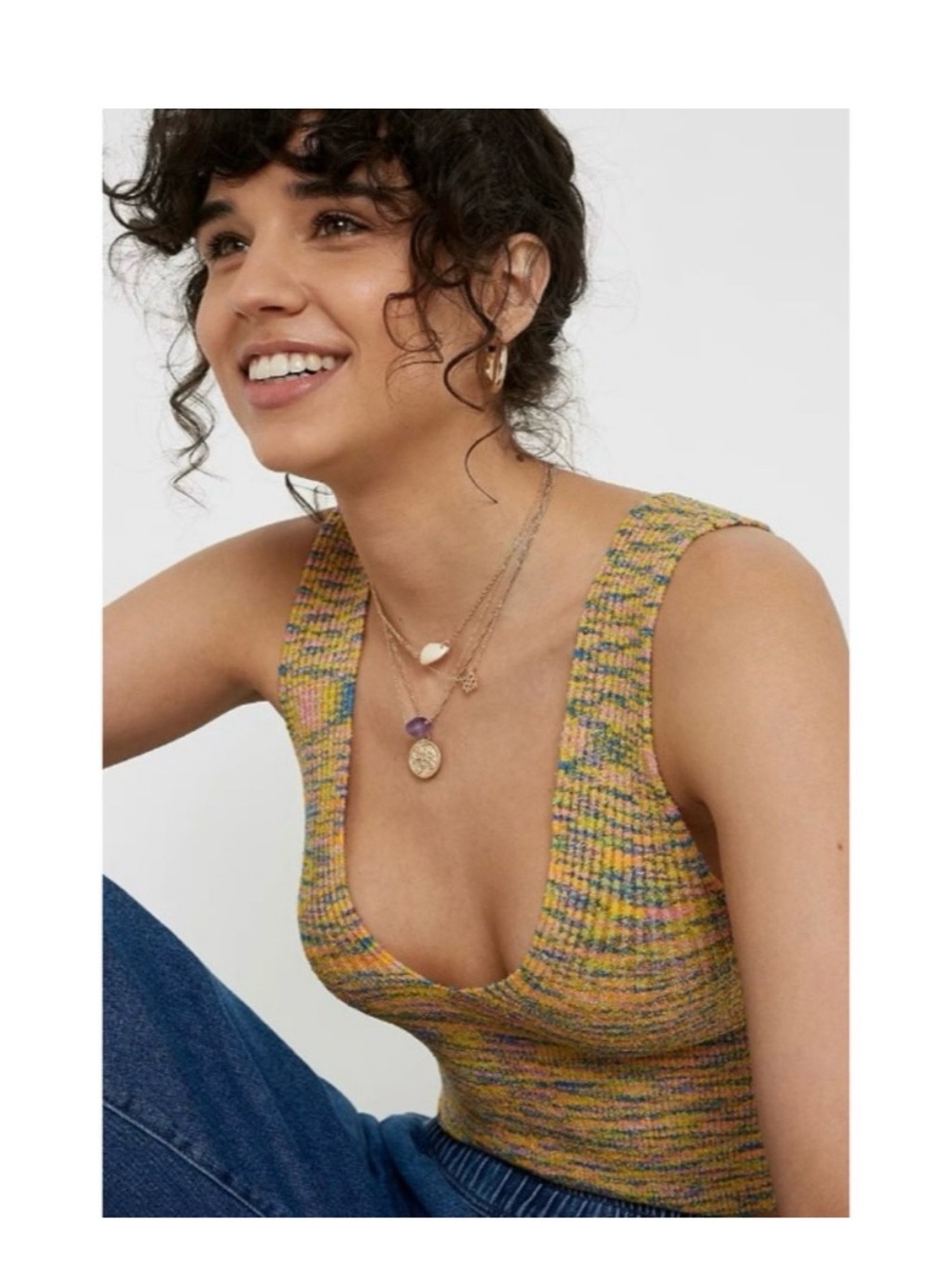 Urban Outfitters Multi-Color Knit V-Neck Crop Top — Yellow Mix